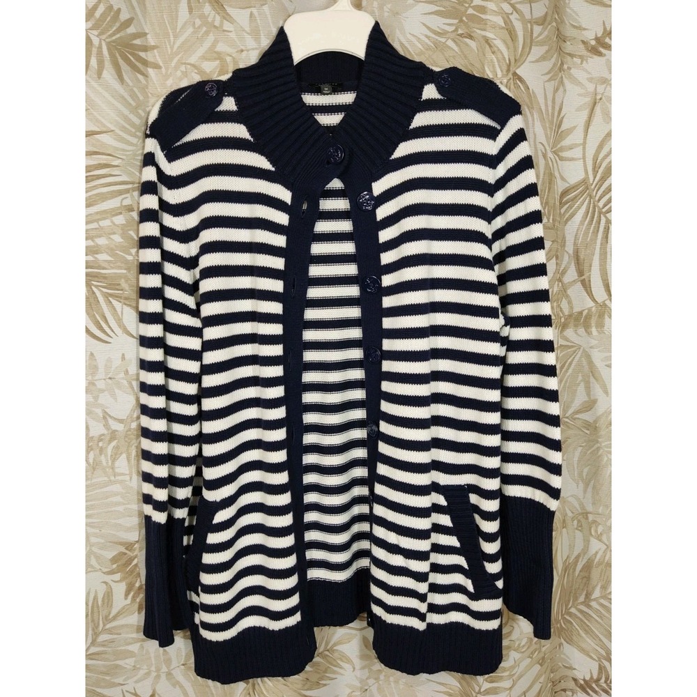 Talbots Navy blue white striped nautical button cardigan sweater Size 1X